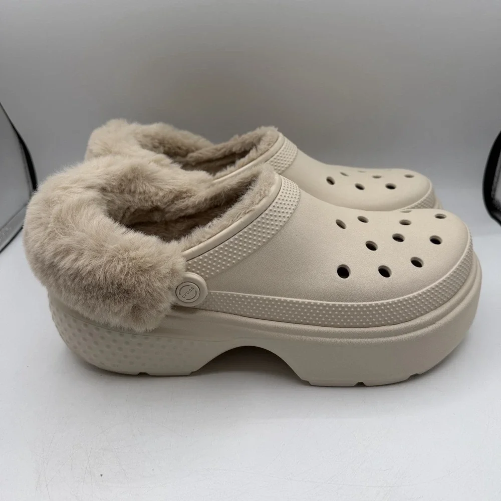 Crocs Stomp Lined‎ Clogs Mens Sz 12 Stucco Fur Lined Platform Slip On Warm Fuzzy